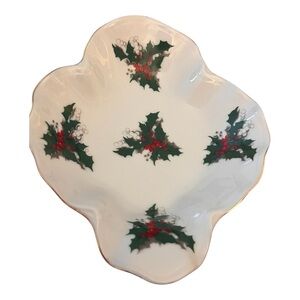 Lefton China Hand Painted sweet vintage holly & berries gold rimmed little dish